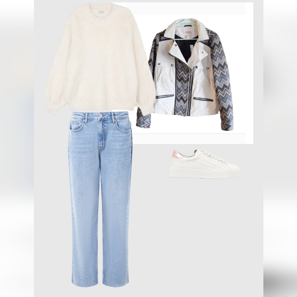 Forever 21 Women's Ivory Gray Chevron Moto Jacket Size Large - Picture 6 of 9